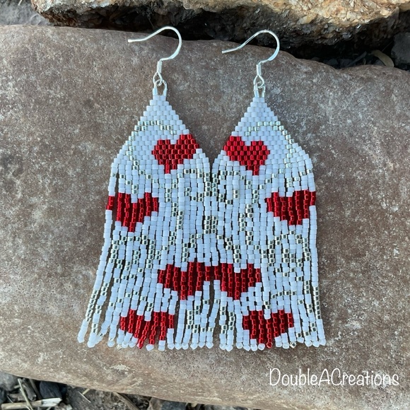 Red Hearts with Silver Scroll Beaded Earrings, New, Handmade by Me - Picture 9 of 11